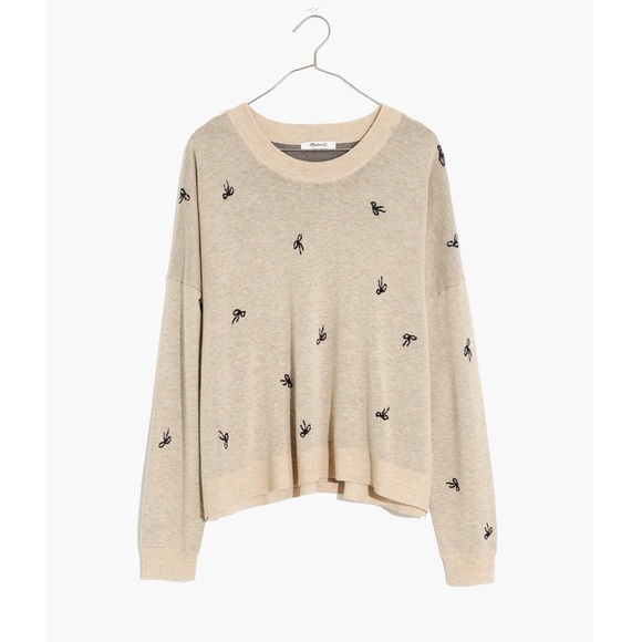 Madewell Womens Bow Jacquard Cream Crewneck Pullover Sweater Sz Medium Preppy - Picture 3 of 10
